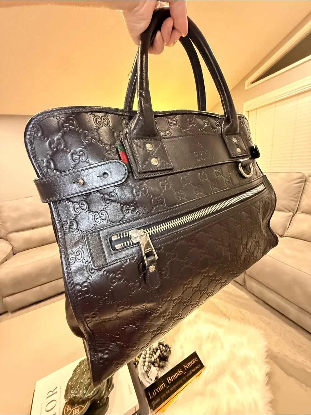 Gucci Black Embossed GG Leather Men’s Briefcase with Silver Hardware